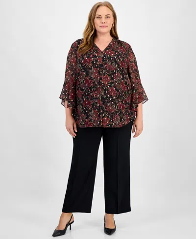 Jones New York Plus Size Printed V-neck Flutter-sleeve Top In Black