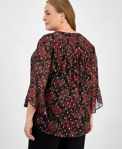 Jones New York Plus Size Printed V-neck Flutter-sleeve Top In Black