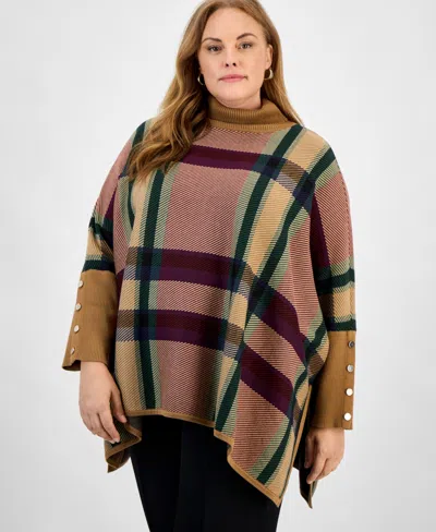Jones New York Plus Size Plaid Drop-shoulder Button-cuff Sweater In Brown