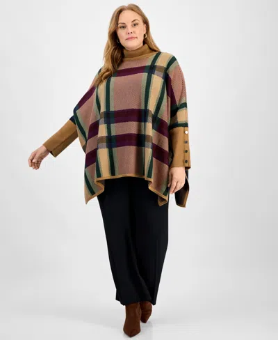 Jones New York Plus Size Plaid Drop-shoulder Button-cuff Sweater In Brown