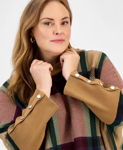 Jones New York Plus Size Plaid Drop-shoulder Button-cuff Sweater In Brown