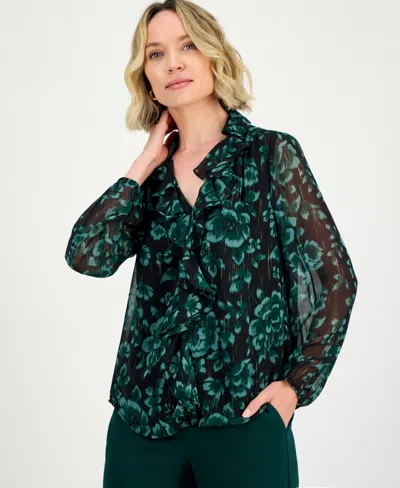 Kasper Floral Metallic Ruffle Chiffon Top In Green