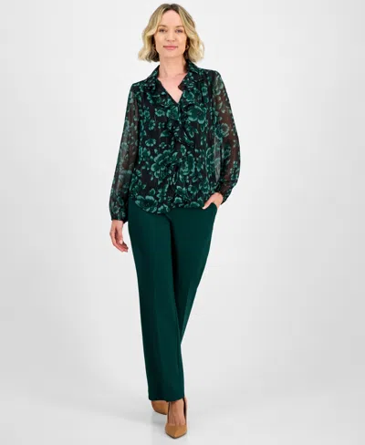 Kasper Floral Metallic Ruffle Chiffon Top In Green