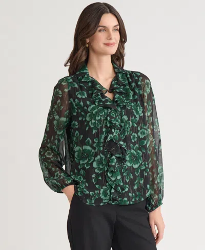 Kasper Floral Metallic Ruffle Chiffon Top In Green