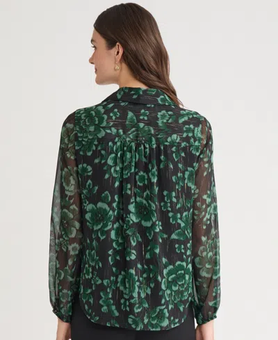 Kasper Floral Metallic Ruffle Chiffon Top In Green