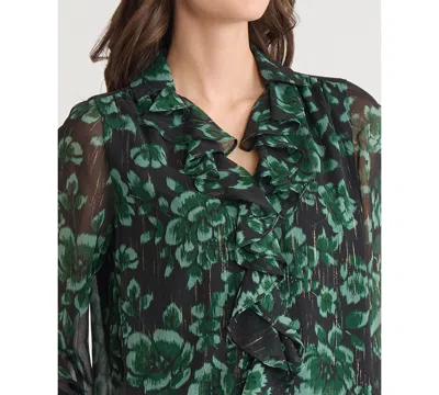 Kasper Floral Metallic Ruffle Chiffon Top In Green
