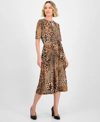 Kasper Women's Printed Elbow-sleeve Tie-waist Midi Dress In Multi