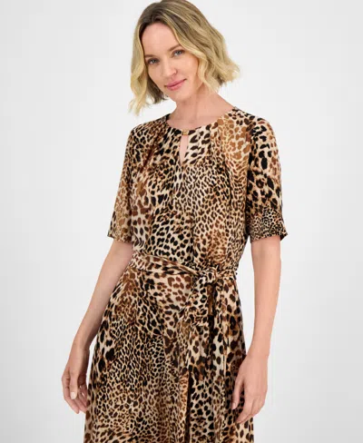 Kasper Women's Printed Elbow-sleeve Tie-waist Midi Dress In Multi