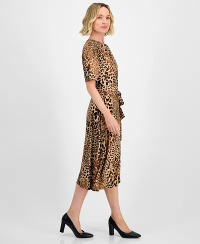 Kasper Women's Printed Elbow-sleeve Tie-waist Midi Dress In Multi
