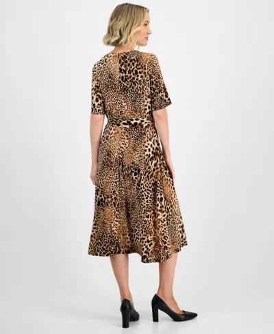 Kasper Women's Printed Elbow-sleeve Tie-waist Midi Dress In Multi