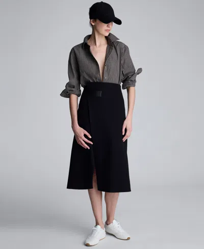 Kenneth Cole Boiled Wool Asymmetrical Slit Midi Skirt In Black