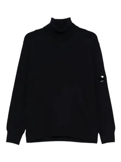 C.p. Company Ivory White Lambswool Turtleneck With Zip Pocket And Signature Motif In Blue