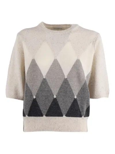 Ballantyne Argyle Knit Top With Ribbed Crew Neckline And Fitted Finish In Neutral