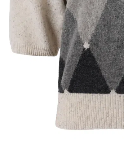 Ballantyne Argyle Knit Top With Ribbed Crew Neckline And Fitted Finish In Neutral