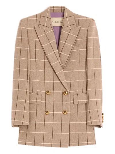 Valentino Checked Double-breasted Virgin Wool Blazer In Neutral