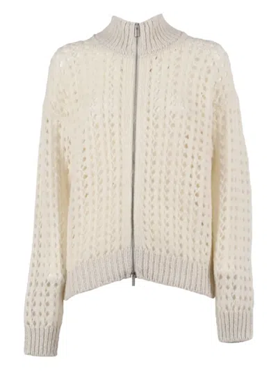 Peserico Textured Open-knit Sweater With Zip-up Front In Neutral