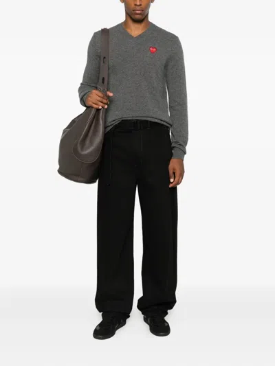 Comme Des Garçons Play Heart-emblem V-neck Sweater In Gray