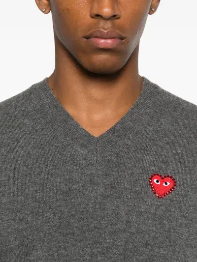 Comme Des Garçons Play Heart-emblem V-neck Sweater In Gray
