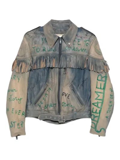 Golden Goose Stylish Leather Jacket With Fringe And Print In Blue