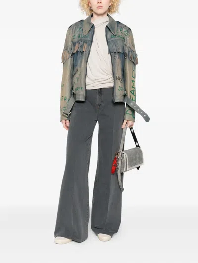 Golden Goose Stylish Leather Jacket With Fringe And Print In Blue