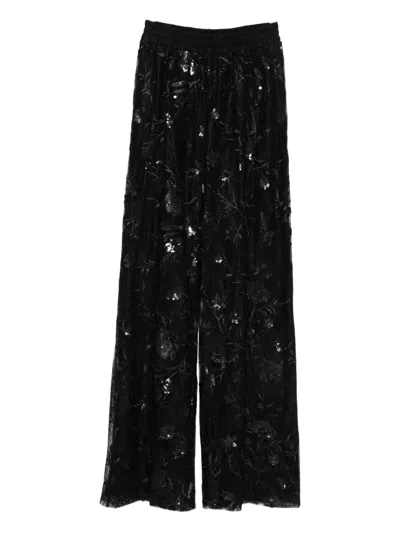 Ermanno Firenze Sheer Black Trousers With Intricate Floral Embroidery In Black