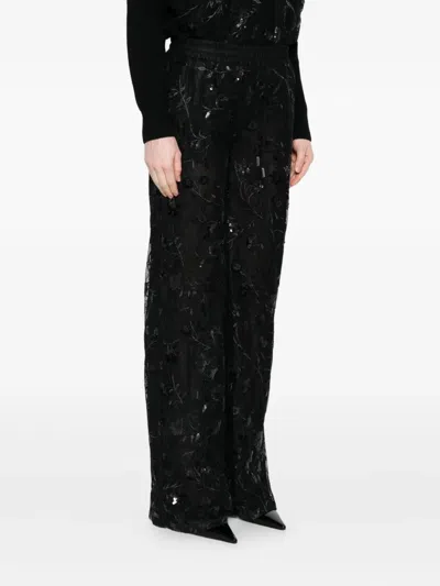 Ermanno Firenze Sheer Black Trousers With Intricate Floral Embroidery In Black