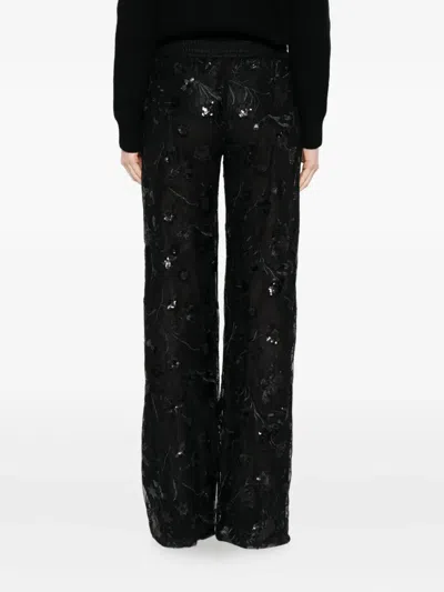 Ermanno Firenze Sheer Black Trousers With Intricate Floral Embroidery In Black