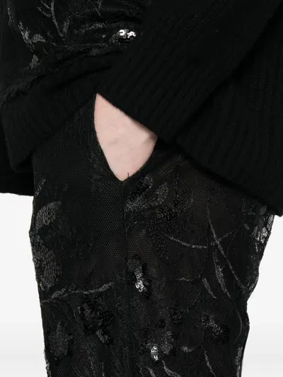 Ermanno Firenze Sheer Black Trousers With Intricate Floral Embroidery In Black