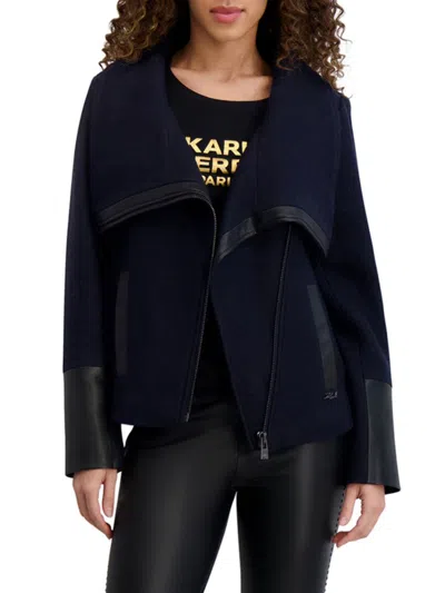 Karl Lagerfeld Women's Wool-blend Asymmetrical Jacket With Faux Leather Trim In Blue