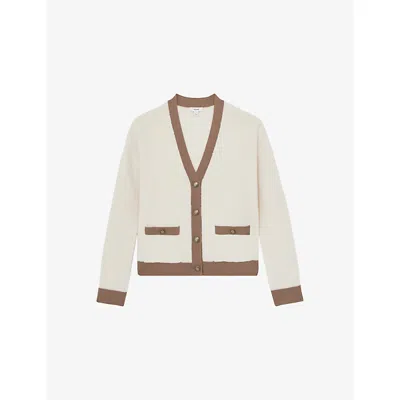 Reiss Womens Cream Neutral Olli Colour-block Long-sleeve Wool Cardigan In Neutral