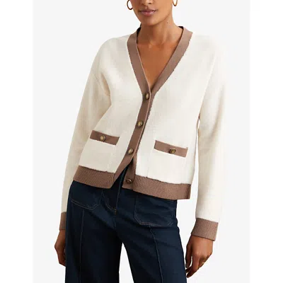 Reiss Womens Cream Neutral Olli Colour-block Long-sleeve Wool Cardigan In Neutral