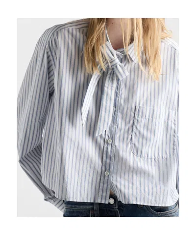 Prada Striped Poplin Short Shirt With Scarf Collar In Blue