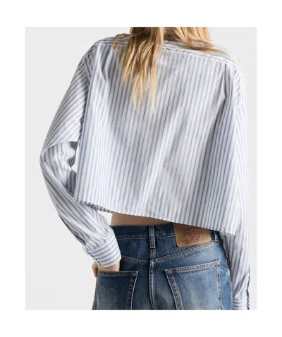 Prada Striped Poplin Short Shirt With Scarf Collar In Blue