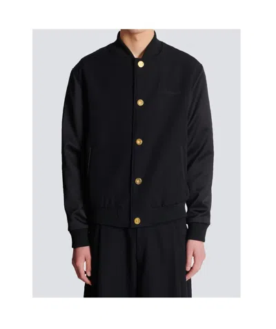 Balmain Varsity Jacket In Grain De Poudre Wool And Satin In Black