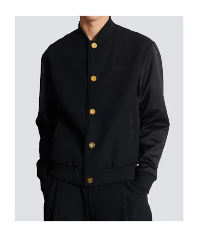 Balmain Varsity Jacket In Grain De Poudre Wool And Satin In Black