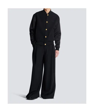 Balmain Varsity Jacket In Grain De Poudre Wool And Satin In Black