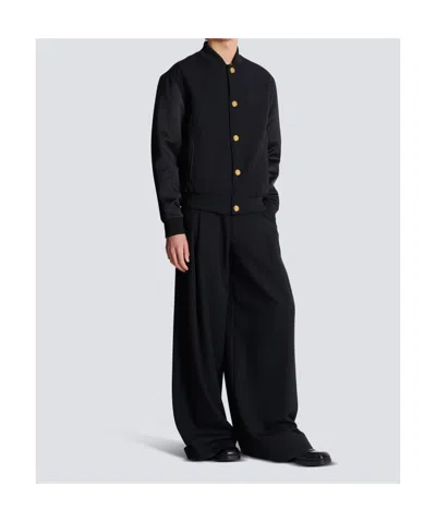 Balmain Varsity Jacket In Grain De Poudre Wool And Satin In Black