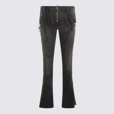 Blumarine Flared Hem Trousers With Lace-up And Frayed Edges In Gray