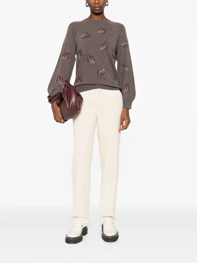 Yerse Floral-embroidered Crew-neck Sweater In Brown