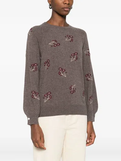 Yerse Floral-embroidered Crew-neck Sweater In Brown