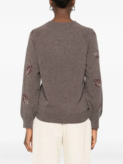 Yerse Floral-embroidered Crew-neck Sweater In Brown