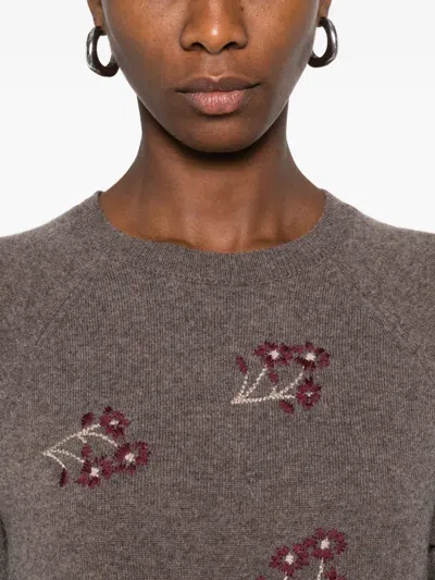 Yerse Floral-embroidered Crew-neck Sweater In Brown
