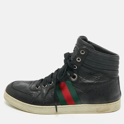 Pre-owned Gucci Ssima Leather Web Detail High-top Sneakers Size 40 In Black