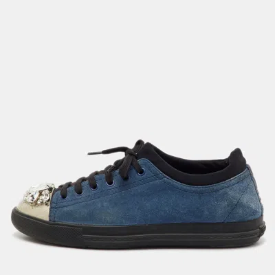 Pre-owned Miu Miu Blue/black Suede Crystal Embellished Cap Toe Low Top Sneakers Size 39