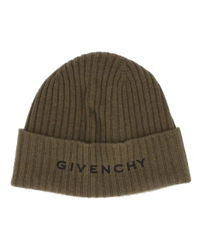 Pre-owned Givenchy Men's  Ribbed Embroidered Logo Beanie In Khaki/black In Multi