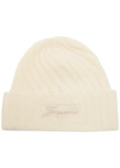 Jacquemus Le Bonnet Tourni White Beanie With Turn-up Brim And Logo Lettering On The Front In Wool Man In Neutral