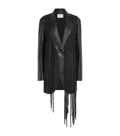 Lafayette 148 Nappa Leather Macrame Fringe Fitted Blazer In Black