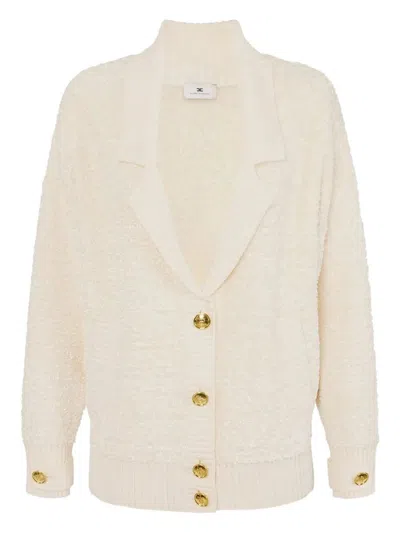 Elisabetta Franchi Bouclé Chenille Cardigan With Jewel Buttons In Nude