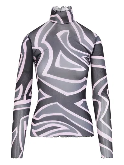 Pucci Semi Sheer Printed Long-sleeved High-neck Top In Black