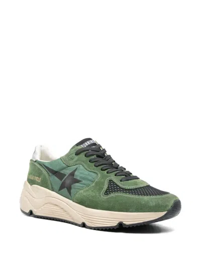 Golden Goose Running Sole Nylon And Net Upper Suede Toe And Spur Printed Star Nappa Heel Sneakers Green In Green